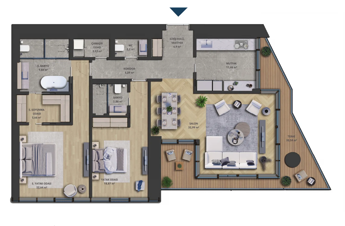 2+1 rezidans dairenin kat planı çizimi; salon, iki yatak odası ve teras yerleşimi, daire no 48