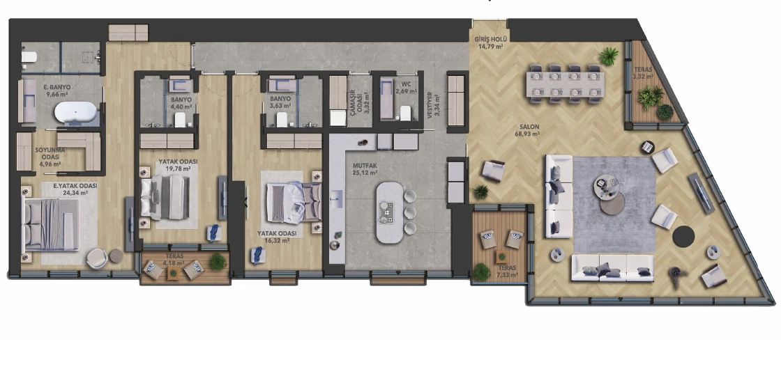 3+1 rezidans dairenin kat planı çizimi; salon, üç yatak odası ve teras yerleşimi, daire no 45
