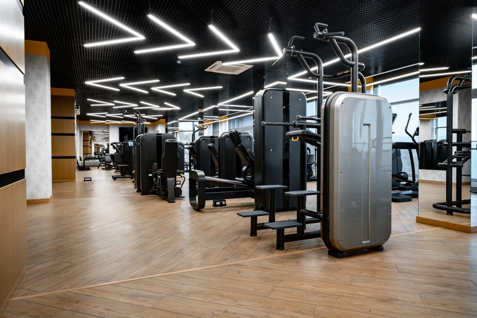 Marina manzaralı özel fitness kulübü; koşu bantları ve ağırlık istasyonları